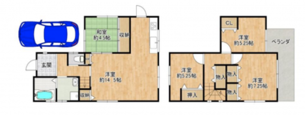 八尾市垣内、中古一戸建ての間取り画像です
