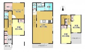 八尾市旭ヶ丘、新築一戸建ての間取り画像です
