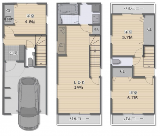 八尾市小阪合町、新築一戸建ての間取り画像です