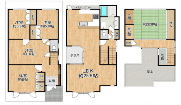 八尾市山本町、中古一戸建ての間取り画像です