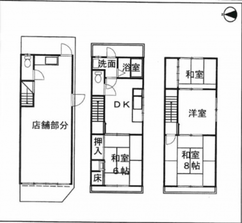 八尾市垣内、収益物件/店舗付住宅の間取り画像です