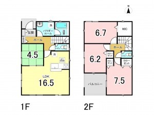 八尾市上之島町南、新築一戸建ての間取り画像です