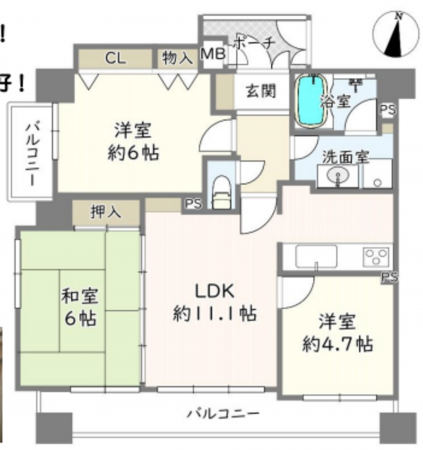 八尾市東本町、マンションの間取り画像です
