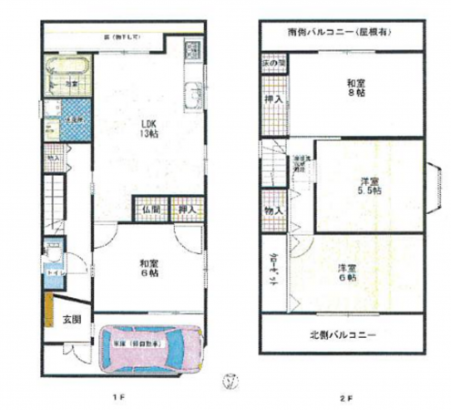八尾市弓削町南、中古一戸建ての間取り画像です