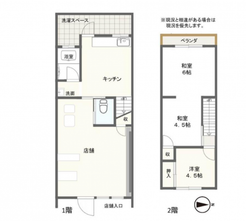 八尾市栄町、収益物件/店舗付住宅の間取り画像です