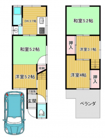 八尾市上之島町北、中古一戸建ての間取り画像です