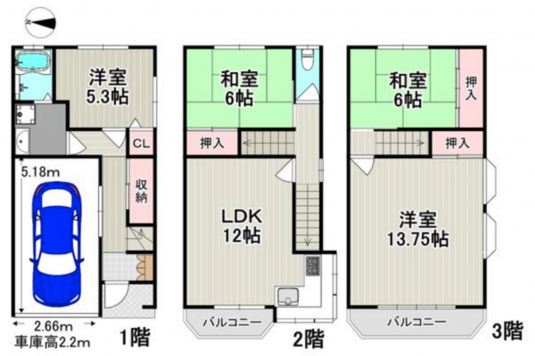 八尾市久宝寺、中古一戸建ての間取り画像です