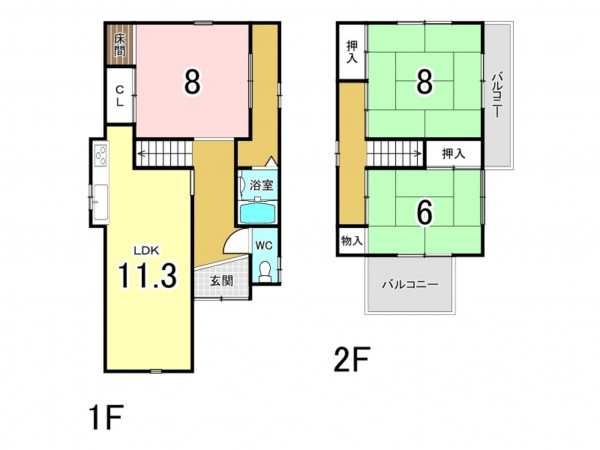 八尾市東町、中古一戸建ての間取り画像です