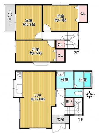 八尾市太田、中古一戸建ての間取り画像です