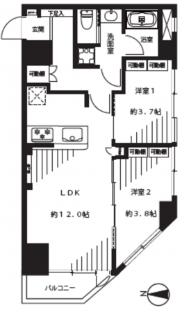 江東区亀戸、マンションの間取り画像です