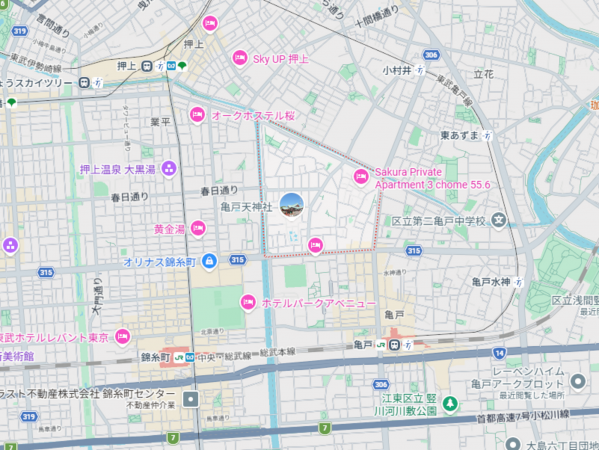 江東区亀戸、中古一戸建ての地図画像です