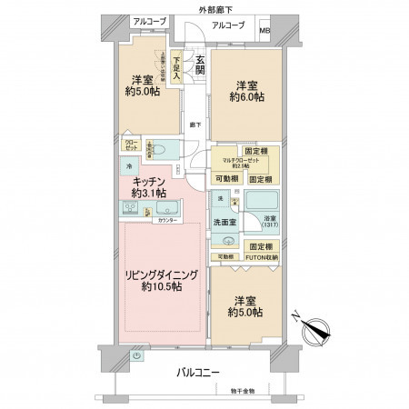 江東区枝川、マンションの間取り画像です