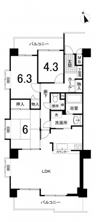 鈴鹿市神戸、マンションの間取り画像です