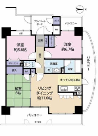広島市西区井口台、マンションの間取り画像です