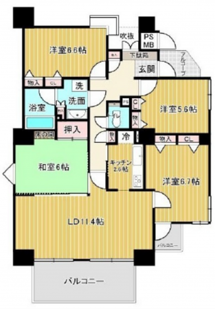 広島市東区戸坂くるめ木、マンションの間取り画像です