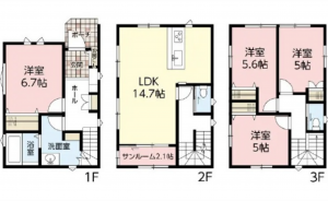 広島市南区宇品神田、新築一戸建ての間取り画像です