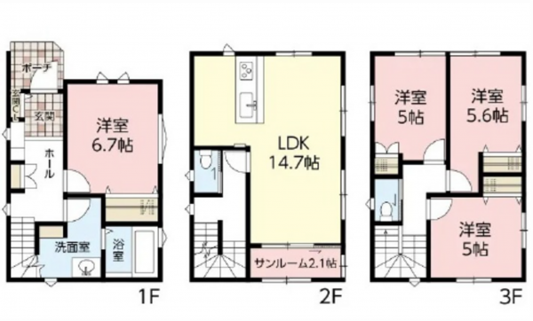 広島市南区宇品神田、新築一戸建ての間取り画像です