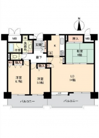 広島市西区井口台、マンションの間取り画像です