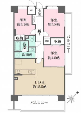 広島市西区観音町、マンションの間取り画像です