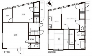 広島市東区戸坂出江、収益物件/店舗付住宅の間取り画像です