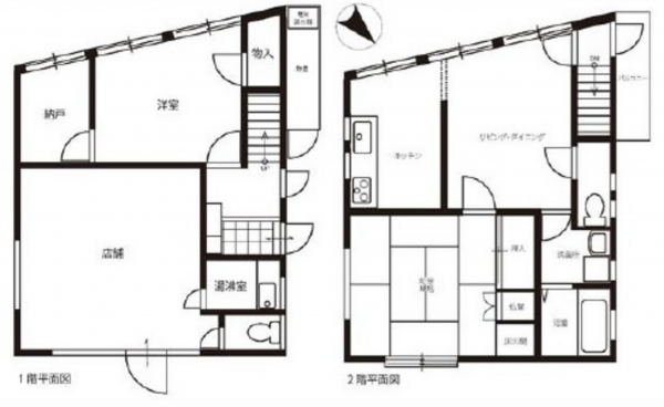 広島市東区戸坂出江、収益物件/店舗付住宅の間取り画像です