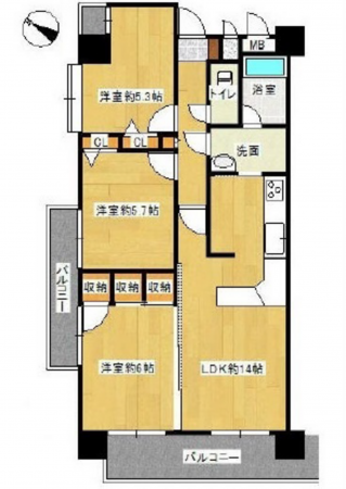 広島市東区牛田早稲田、マンションの間取り画像です