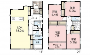 広島市南区南大河町、新築一戸建ての間取り画像です