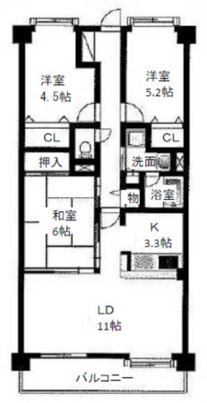 高槻市松が丘、中古マンションの間取り画像です