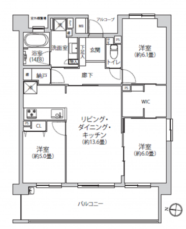 練馬区石神井台、中古マンションの間取り画像です