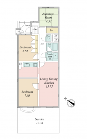 藤沢市辻堂太平台、中古マンションの間取り画像です
