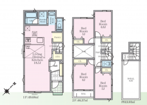藤沢市城南、新築一戸建ての間取り画像です