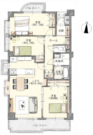 名古屋市昭和区塩付通、中古マンションの間取り画像です