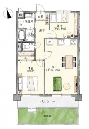 名古屋市瑞穂区内浜町、中古マンションの間取り画像です