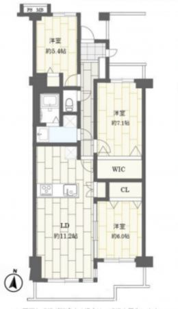 春日部市大枝、中古マンションの間取り画像です