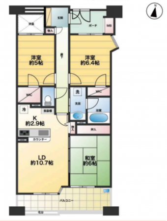 春日部市備後東、中古マンションの間取り画像です