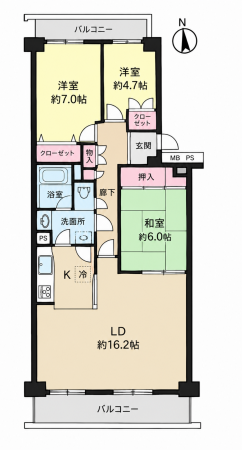 春日部市内牧、中古マンションの間取り画像です