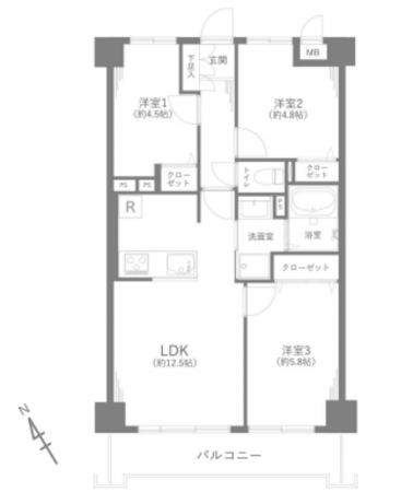 春日部市中央、中古マンションの間取り画像です
