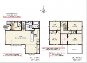 春日部市中央、新築一戸建ての間取り画像です