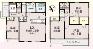 春日部市栄町、新築一戸建ての間取り画像です