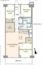 春日部市小渕、中古マンションの間取り画像です