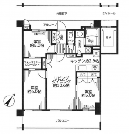 春日部市梅田、中古マンションの間取り画像です
