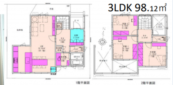春日部市藤塚、新築一戸建ての間取り画像です