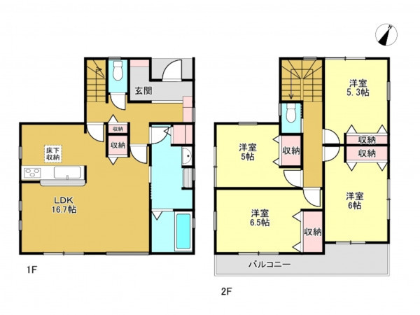 春日部市西金野井、新築一戸建ての間取り画像です