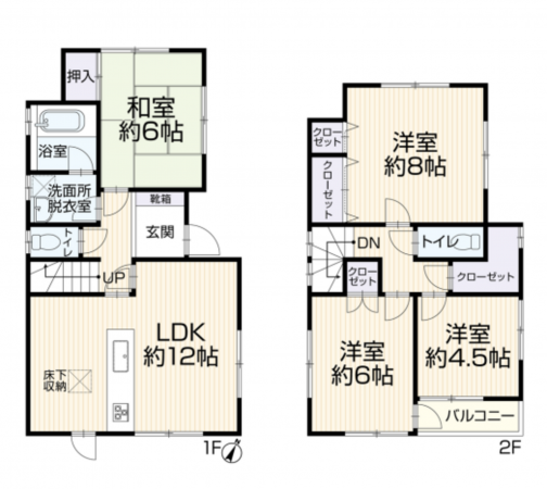 春日部市小渕、中古一戸建ての間取り画像です