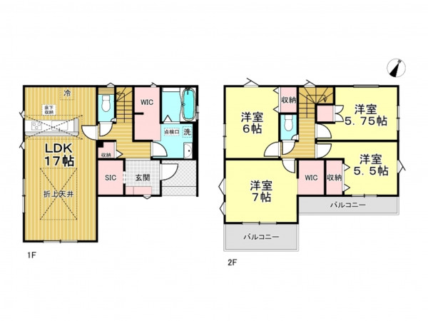 春日部市豊野町、新築一戸建ての間取り画像です