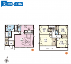 春日部市豊野町、新築一戸建ての間取り画像です