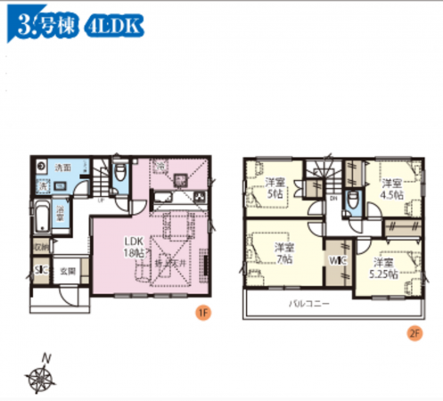 春日部市豊野町、新築一戸建ての間取り画像です
