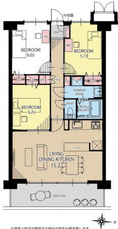 春日部市小渕、中古マンションの間取り画像です
