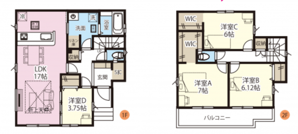 春日部市大場、新築一戸建ての間取り画像です