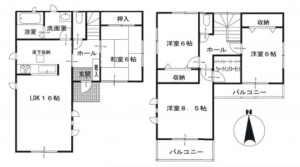 春日部市小渕、中古一戸建ての間取り画像です
